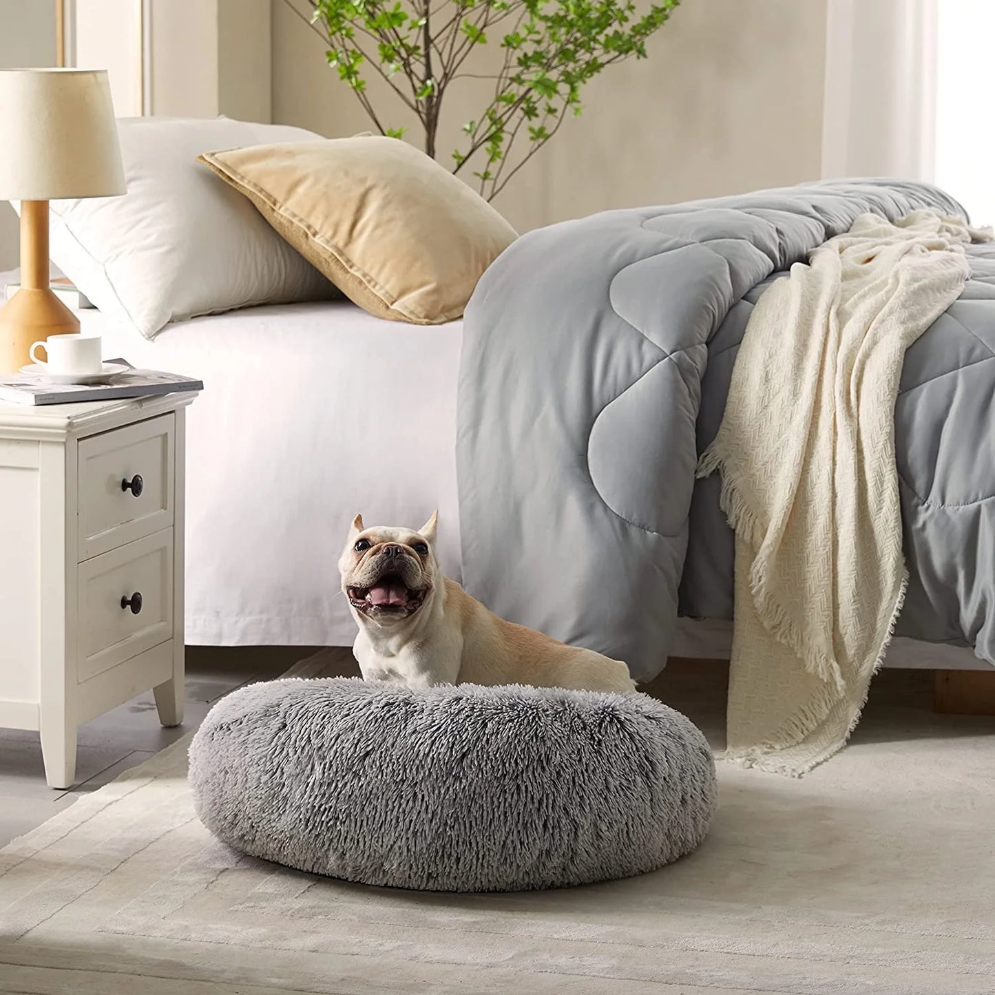 Calming Donut Dog Bed Anti-Anxiety, Self Warming, Cozy Soft Plush round Pet Bed, Ideal for Both Home & Travel, 20"L X 20"W X 8"H