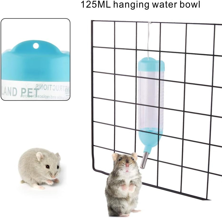 Hamster Water Bottle, Little Pet Automatic Drinking Bottle with Food Container Base Hut Hanging Water Feeding Bottles Auto Dispenser for Small Animals(125Ml,Blue)