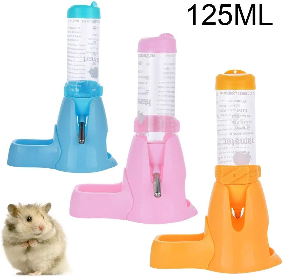 Hamster Water Bottle, Little Pet Automatic Drinking Bottle with Food Container Base Hut Hanging Water Feeding Bottles Auto Dispenser for Small Animals(125Ml,Pink)