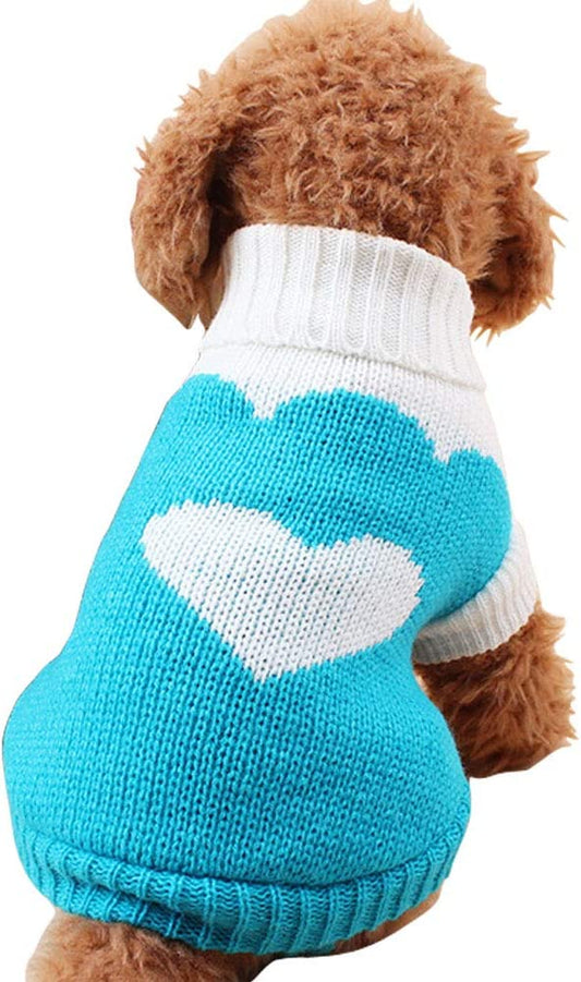 Pet Dog Sweaters Classic Knitwear Turtleneck Winter Warm Puppy Clothing Cute Strawberry and Heart Doggie Sweater (Sky Blue, Large)