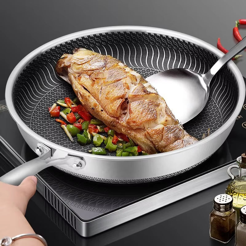 Whole Body Tri-Ply Stainless Steel Frying Pan 316 Stainless Steel Wok Pan Double-Sided Honeycomb Skillet Suitable for All Stove