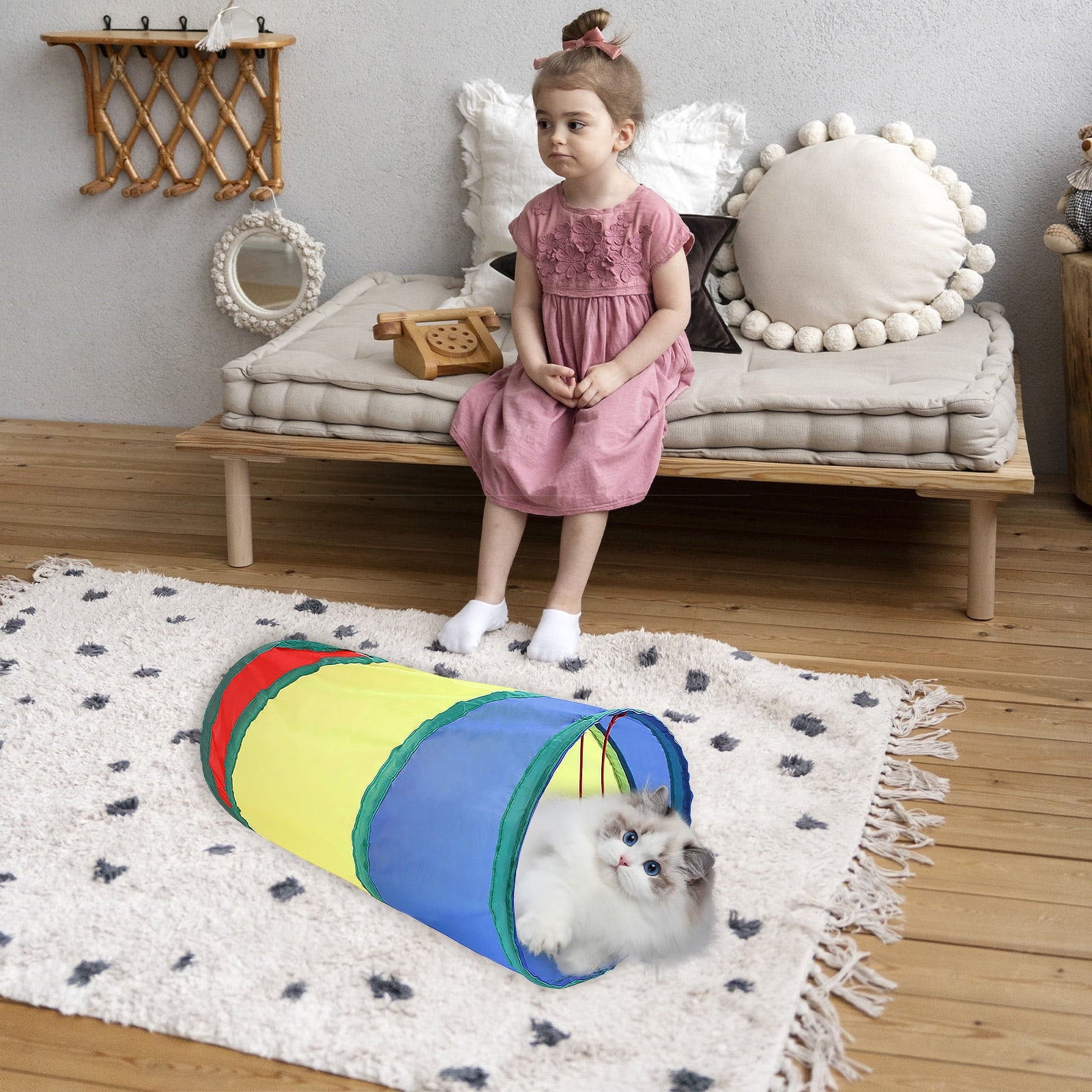 Interactive Rainbow Cat Toys,Collapsible Cat Tunnels with 2 Balls for Indoor Cats