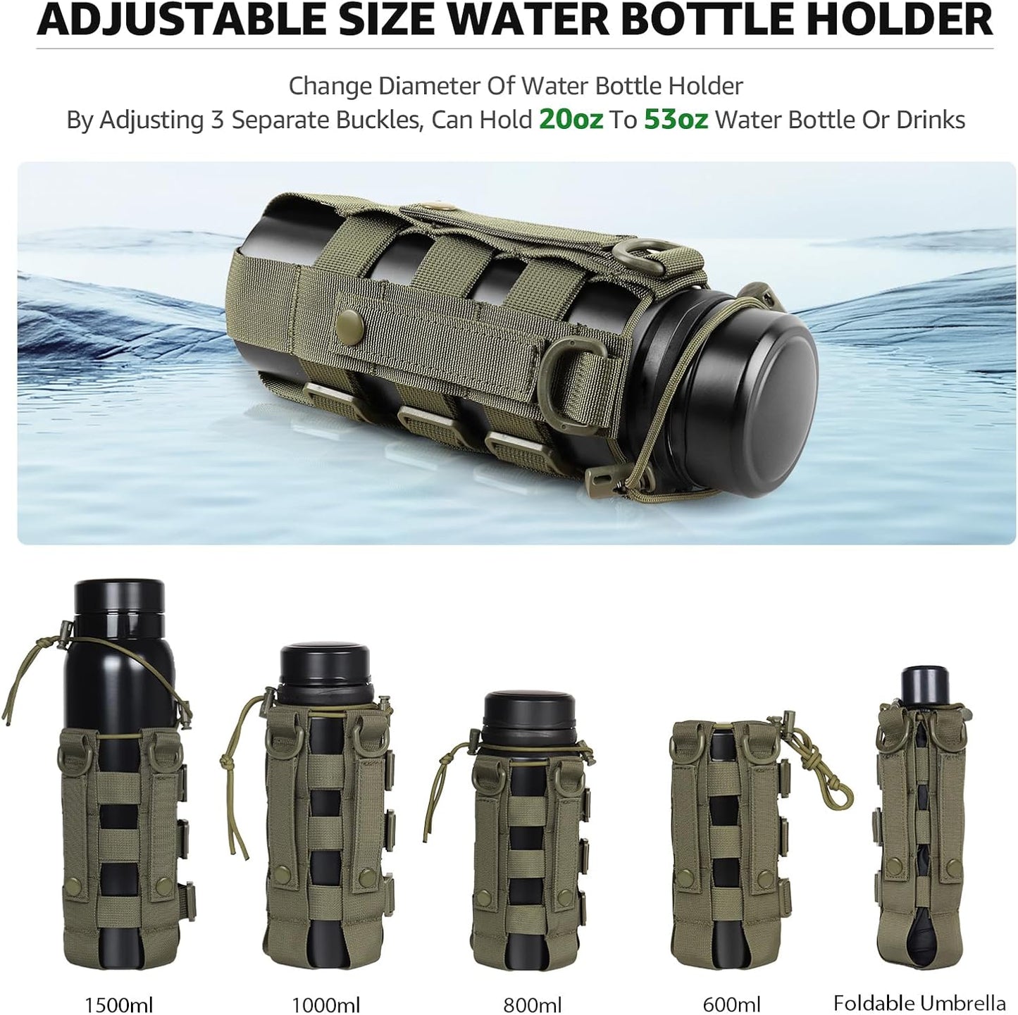 Molle Water Bottle Holder Tactical Water Bottle Pouch Holder Use with Strap Adjustable Molle Pouch Water Bottle Carrier Bag for 20 Oz to 53 Oz Water Bottle