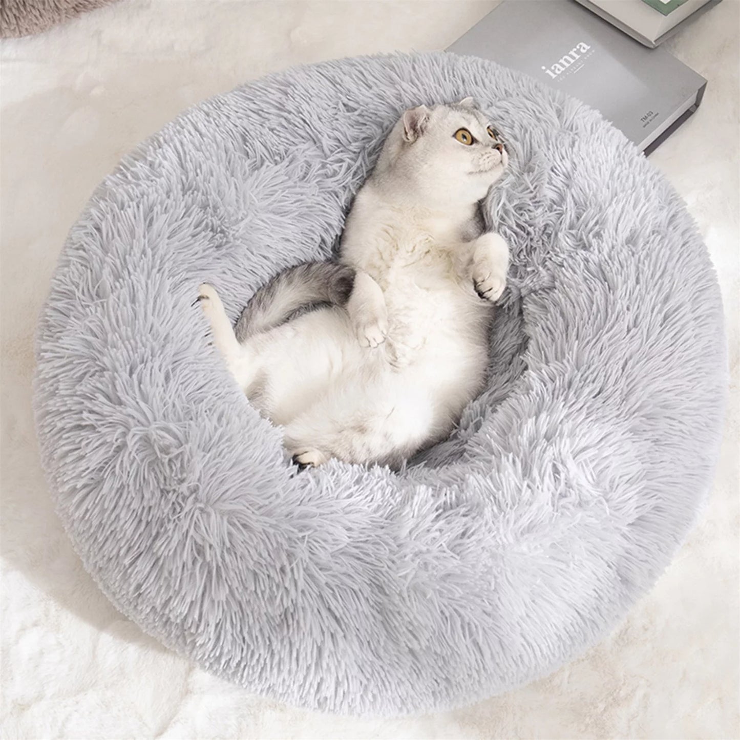 Calming Donut Dog Bed Anti-Anxiety, Self Warming, Cozy Soft Plush round Pet Bed, Ideal for Both Home & Travel, 20"L X 20"W X 8"H