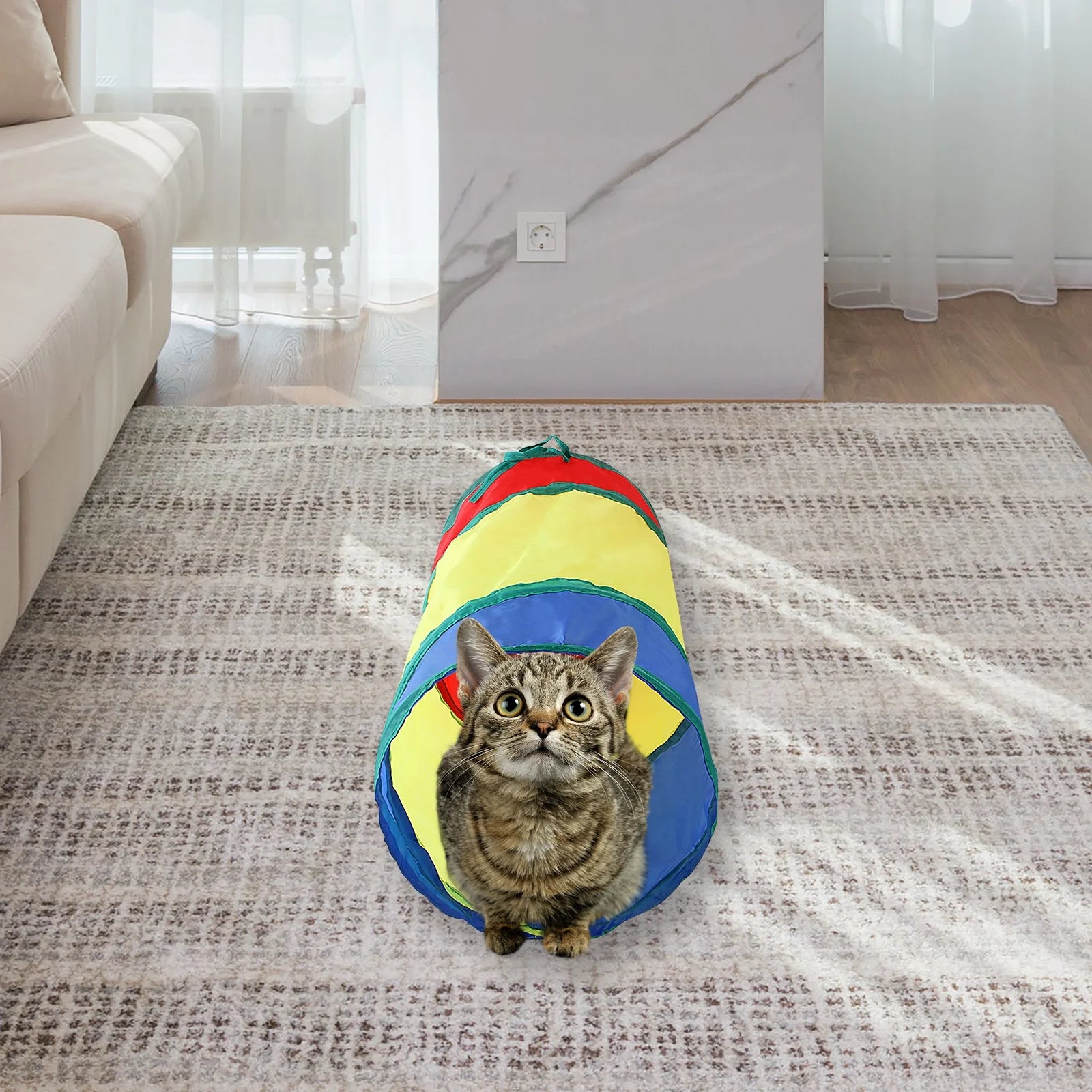 Interactive Rainbow Cat Toys,Collapsible Cat Tunnels with 2 Balls for Indoor Cats