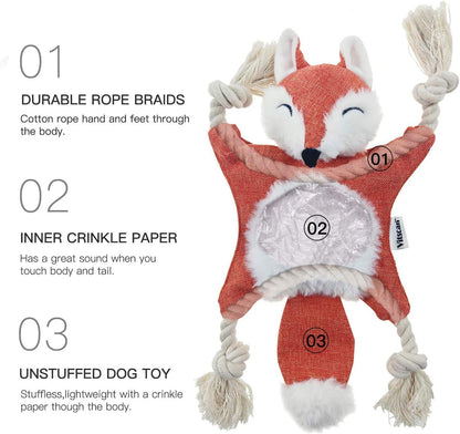 Fox Dog Toy with Squeaker, Stuffless Dog Toy Crinkle Hunting Dog Toy Plush Durable Dog Squeaky Toys Cotton Rope Dog Toy Throughout the Body Cute Dog Chew Toys for Puppies with Eyes Embroidery Design