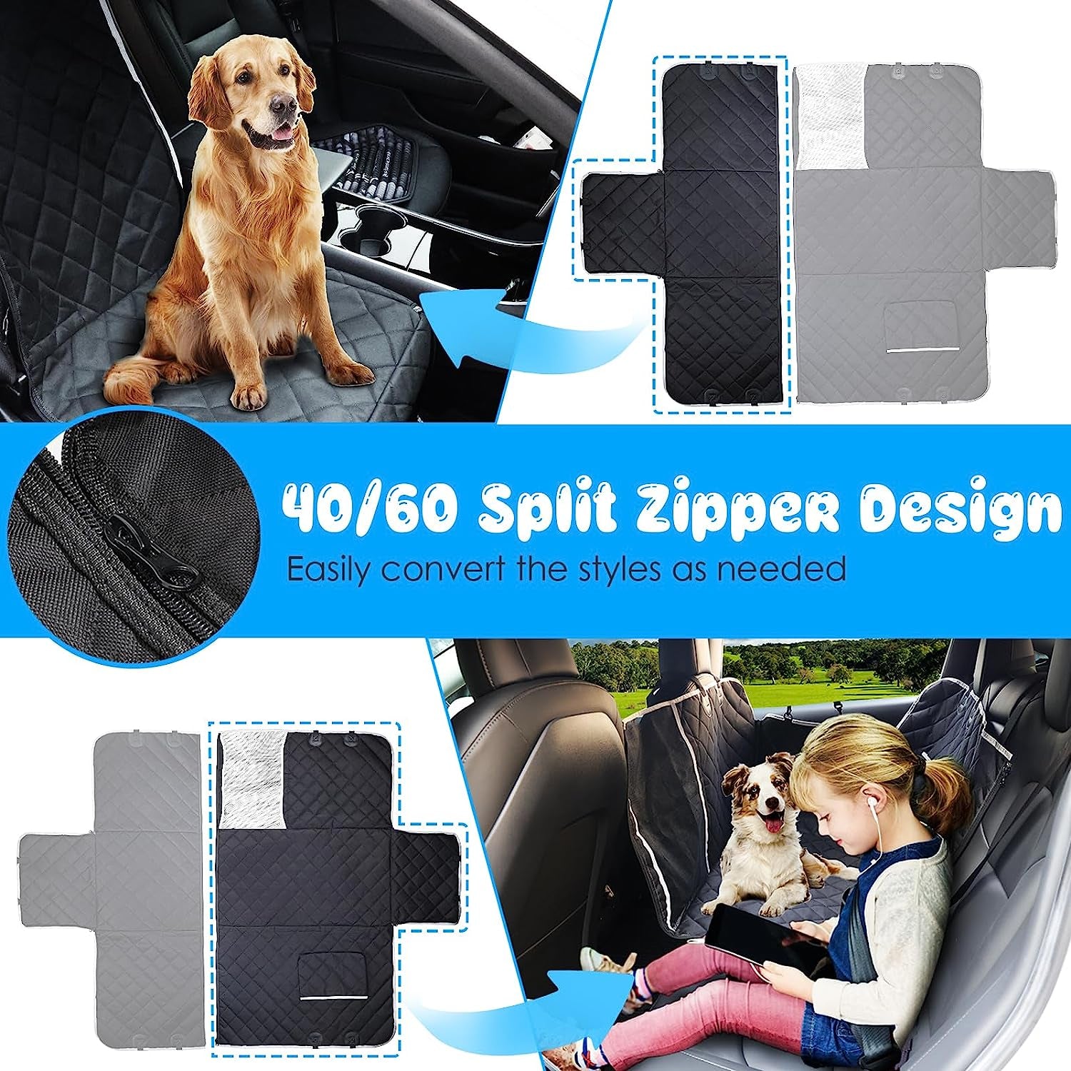 6-In-1 Dog Car Seat Cover for Back Seat, Waterproof Dog Car Hammock 40/60 Split Dog Seat Cover with Mesh Window and Side Flap Pets Car Seat Protector Dog Backseat Cover for Cars, SUV, Truck