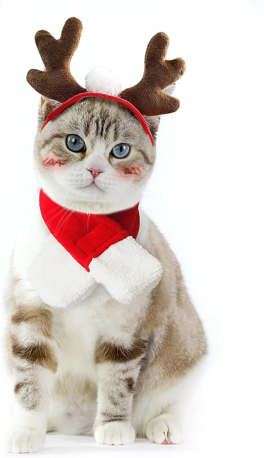 Pet Christmas Costumes for Cats Small Dogs, Cat Reindeer Antlers Headband with Xmas Scarf, Adjustable Doggie Reindeer Hat Santa Scarf, Kitten Christmas Outfit Cosplay