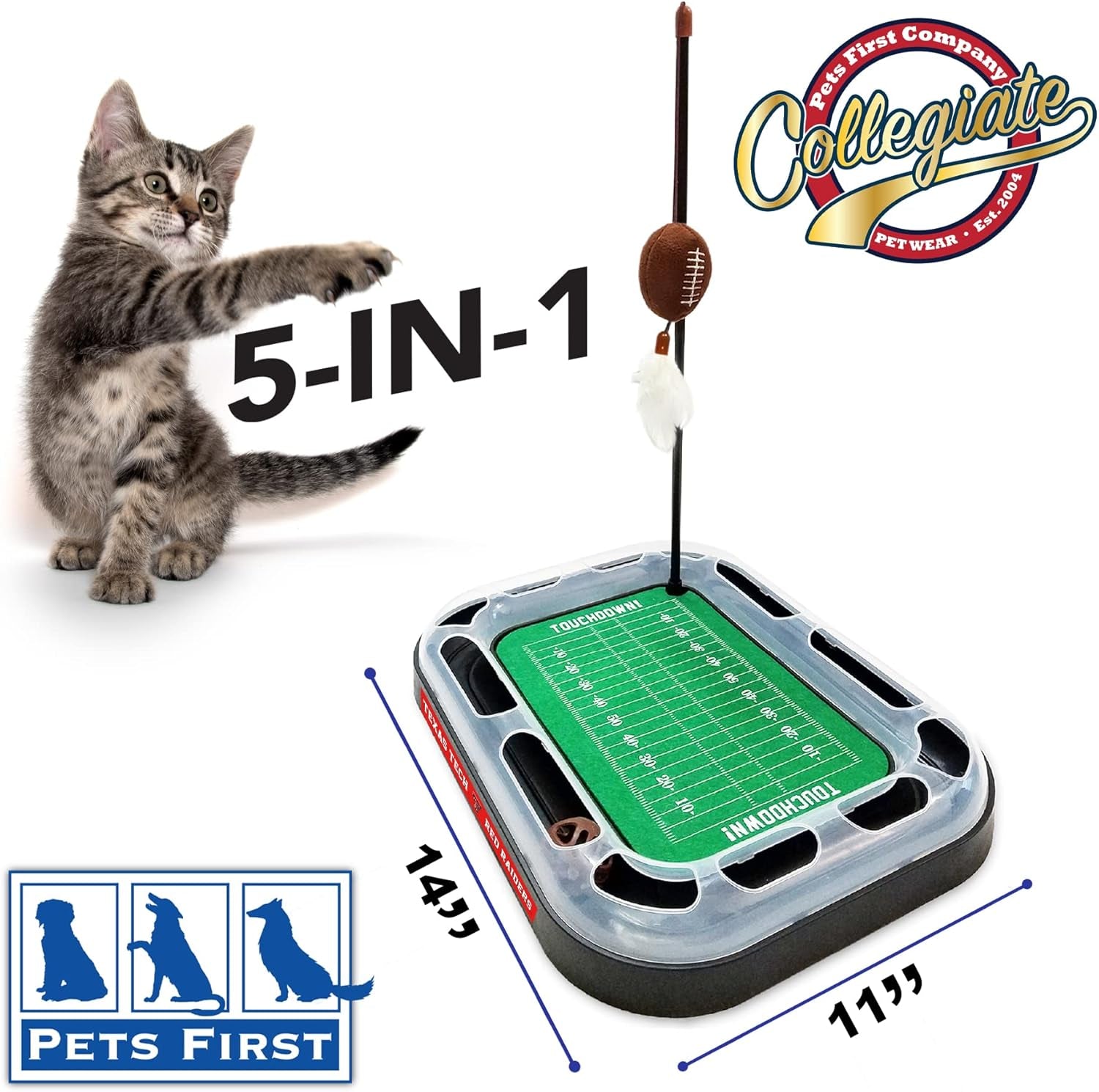 Cat Scratcher Toy + Interactive Cat Ball Bell in Tracks. 5-In-1 CAT TOY: Cat Wand Poll + CATNIP FILLED Plush Football & Feathers