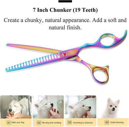 Professional Dog Grooming Scissors Set, 7 Inch/8 Inch Pet Grooming Scissors Chunkers Shears for Dog, Curved Dog Grooming Scissors, Thinning Shears for Dog with Grooming Comb