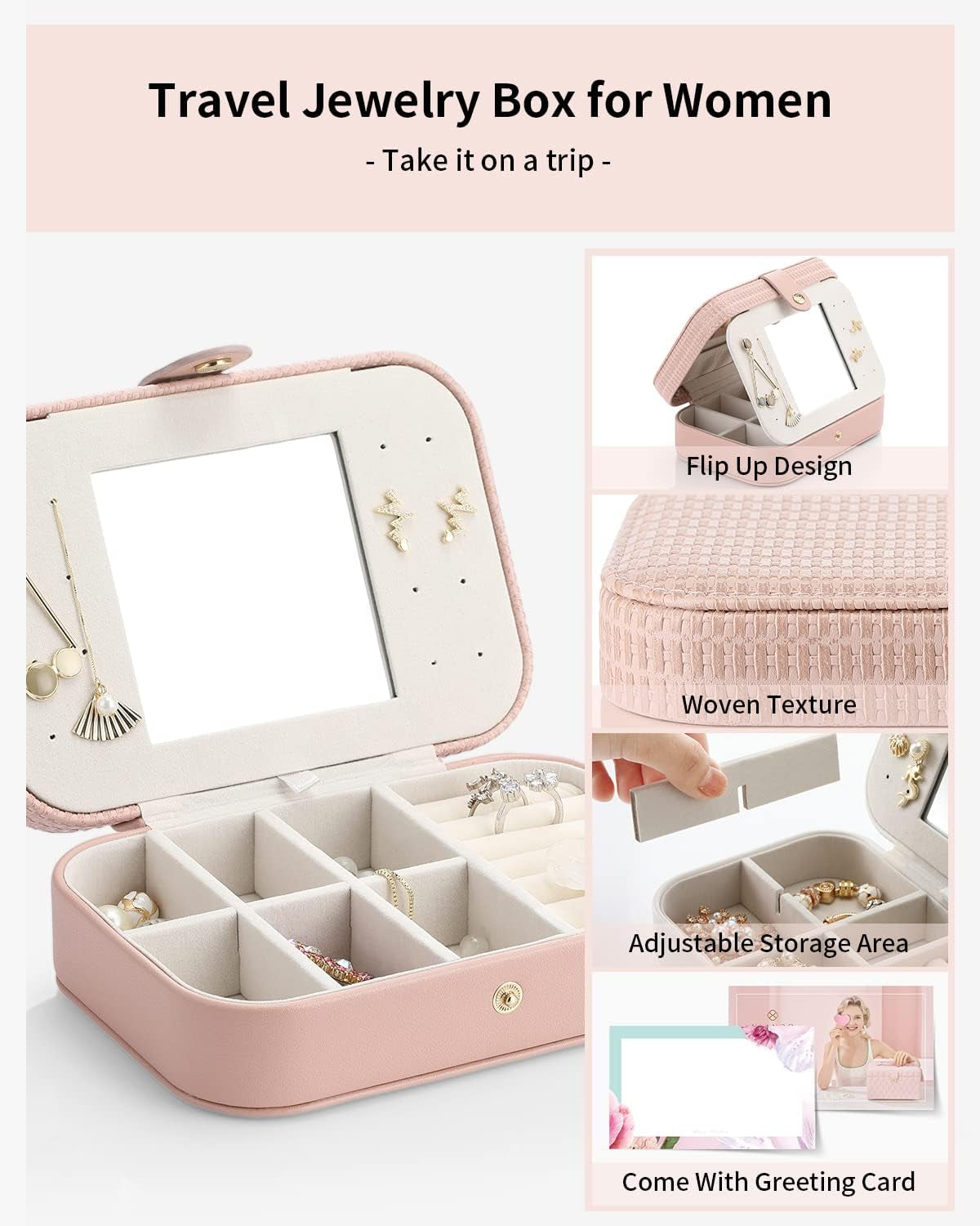 Travel Jewelry Case Box Women PU Leather 2 Layer Jewelry Organizer Holder for Necklace Earring Rings-Weaving Pink