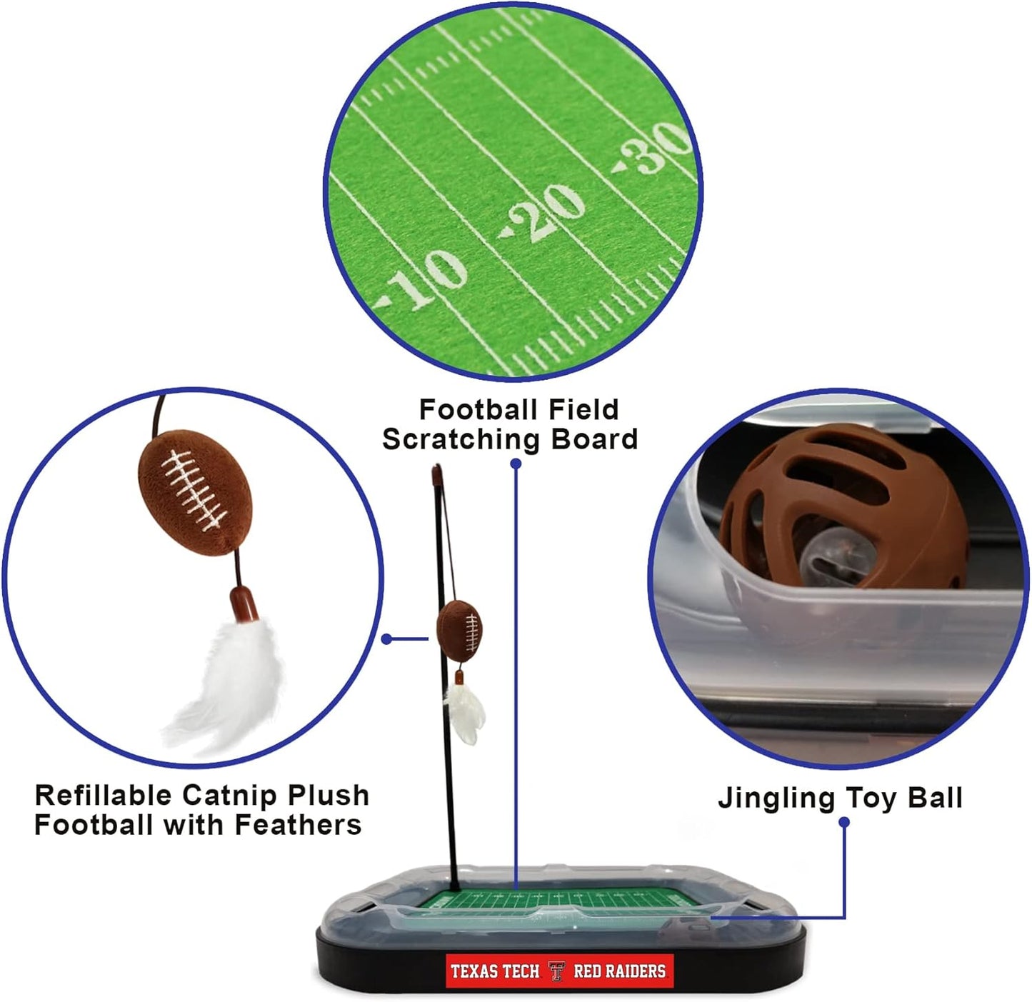 Cat Scratcher Toy + Interactive Cat Ball Bell in Tracks. 5-In-1 CAT TOY: Cat Wand Poll + CATNIP FILLED Plush Football & Feathers