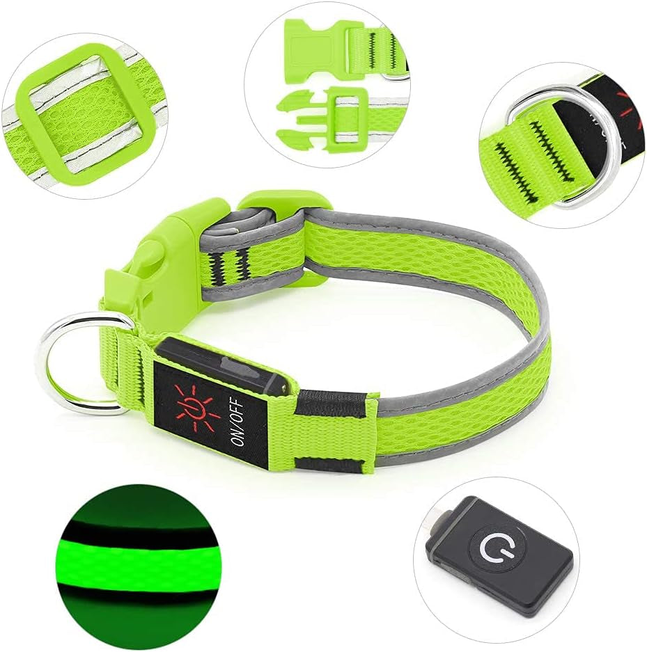 Light up Dog Collars - Rechargeable LED Dog Collar, Reflective Dog Collar for Medium Dogs, Adjustable Lighted Pet Collar, Glowing Dog Lights for Night Walking (Green, Medium)