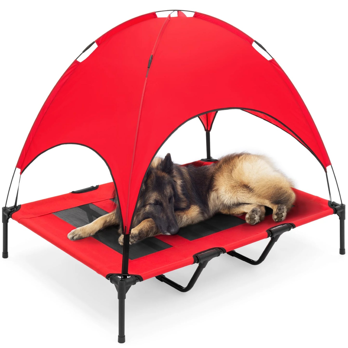 48In Elevated Cooling Dog Bed, Outdoor Raised Mesh Pet Cot W/ Removable Canopy, Carrying Bag - Red