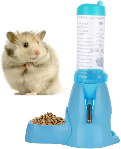 Hamster Water Bottle, Little Pet Automatic Drinking Bottle with Food Container Base Hut Hanging Water Feeding Bottles Auto Dispenser for Small Animals(125Ml,Blue)