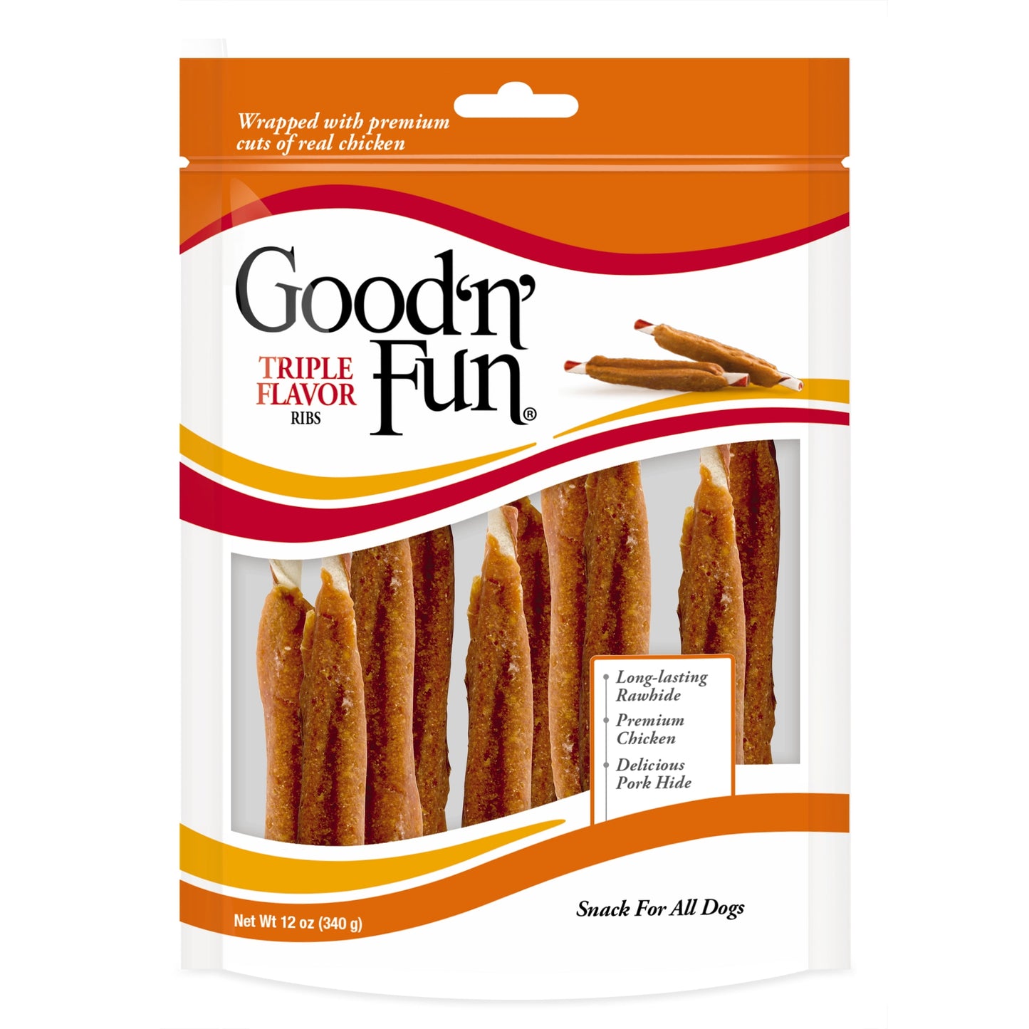 Good ’N’ Fun Triple Flavor Ribs, Rawhide Chew for All Dogs, 12 Oz