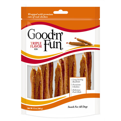 Good ’N’ Fun Triple Flavor Ribs, Rawhide Chew for All Dogs, 12 Oz