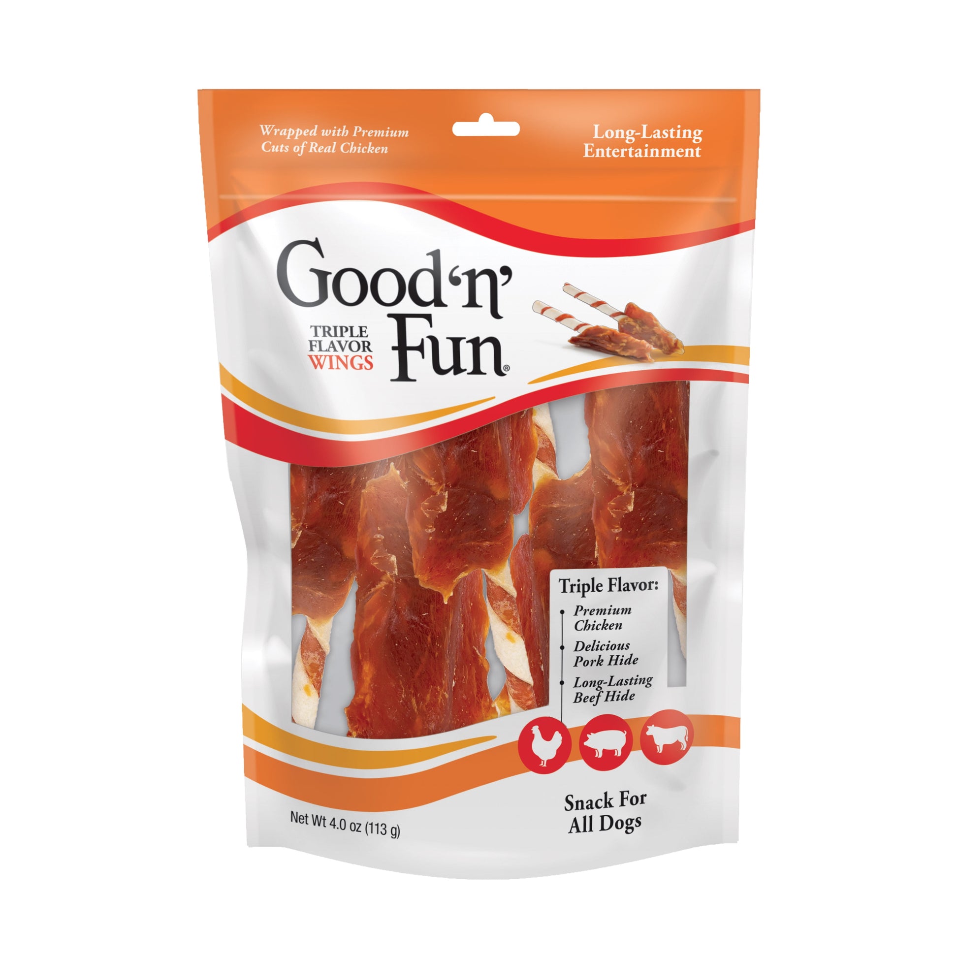 Good ’N’ Fun Triple Flavor Wings, Rawhide Chew for All Dogs, 4 Oz.