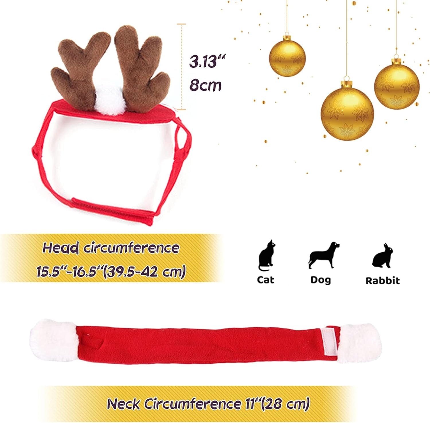 Pet Christmas Costumes for Cats Small Dogs, Cat Reindeer Antlers Headband with Xmas Scarf, Adjustable Doggie Reindeer Hat Santa Scarf, Kitten Christmas Outfit Cosplay