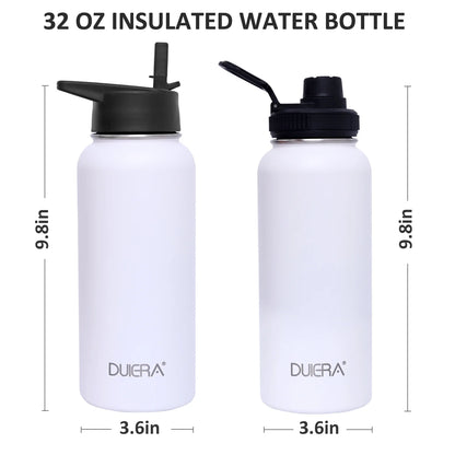 White Water Bottle 32 Oz Stainless Steel Water Bottle 1L Vacuum BPA Free Water Bottle with Straws & Leak Proof Spout Lids & Straw Brush