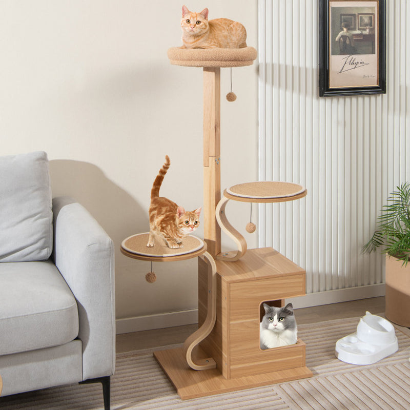 4-Layer Wooden Cat Tree 51 Inch Tall Cat Tower with Condo and Washable Cushions