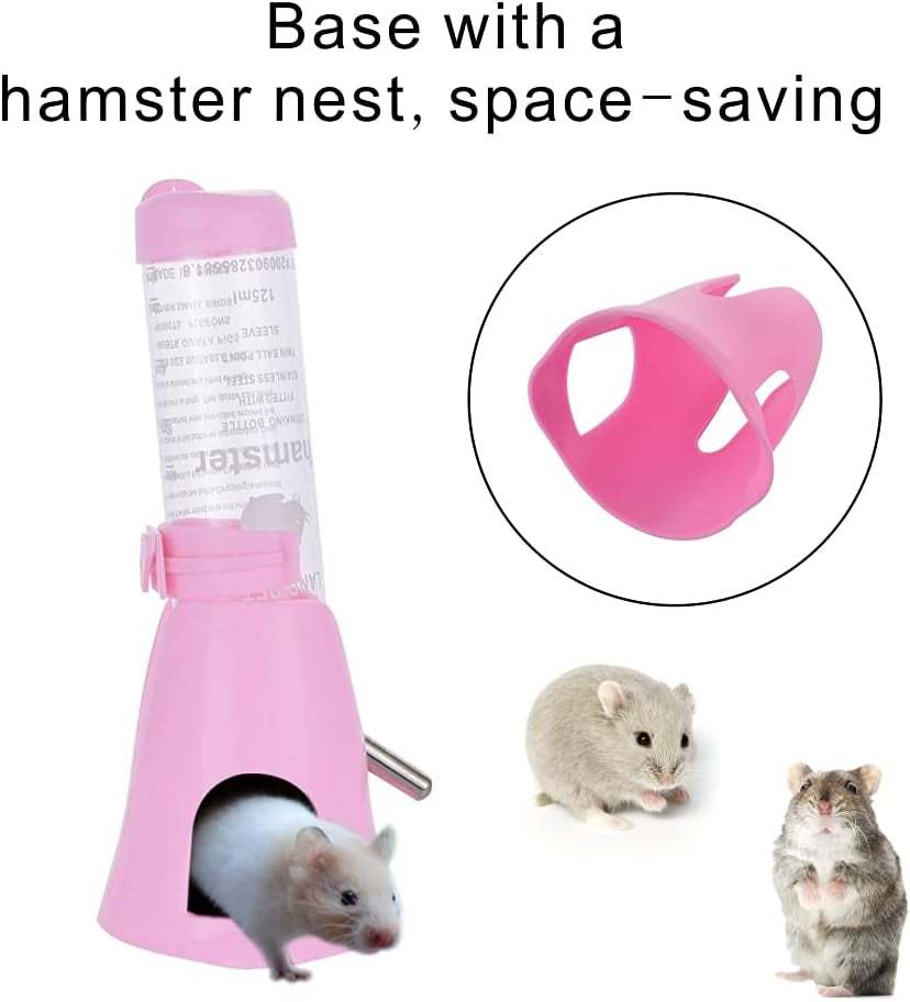 Hamster Water Bottle, Little Pet Automatic Drinking Bottle with Food Container Base Hut Hanging Water Feeding Bottles Auto Dispenser for Small Animals(125Ml,Pink)