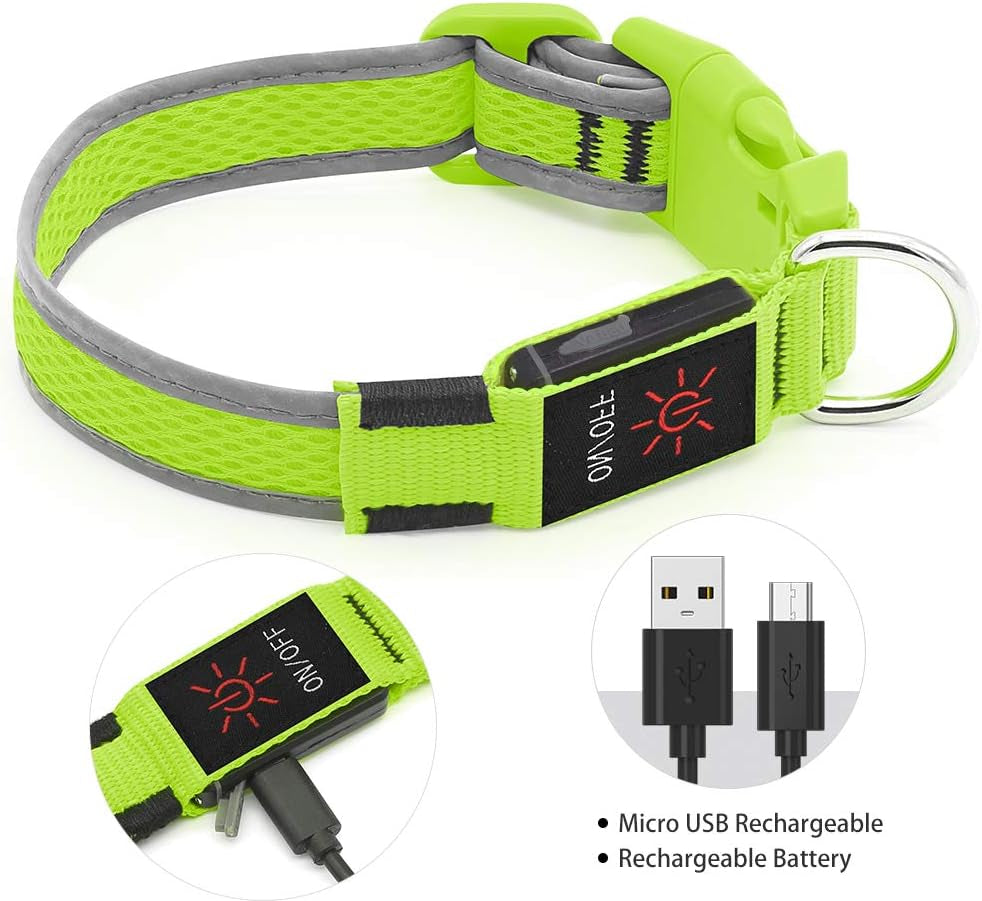 Light up Dog Collars - Rechargeable LED Dog Collar, Reflective Dog Collar for Medium Dogs, Adjustable Lighted Pet Collar, Glowing Dog Lights for Night Walking (Green, Medium)