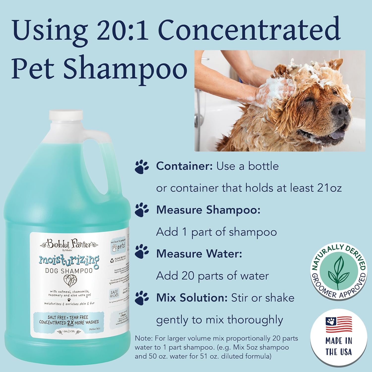 Nilodor Moisturizing Dog Shampoo - Made in USA - Natural Formula Nourishing Dogs Skin & Fur - Concentrated 30:1 for Professional Groomers - Soft Sea Air Scent, 1 Gallon