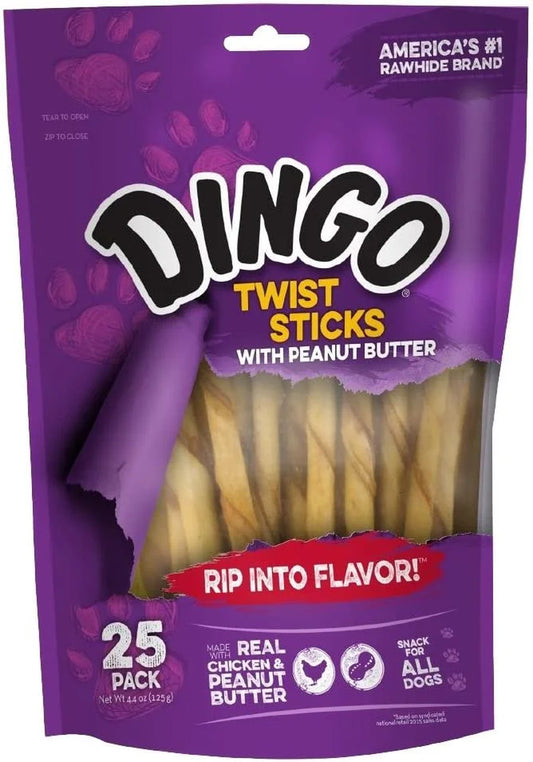 Twist Sticks with Peanut Butter, Rawhide Chews for All Dogs, Made with Real Chicken, 25 Count