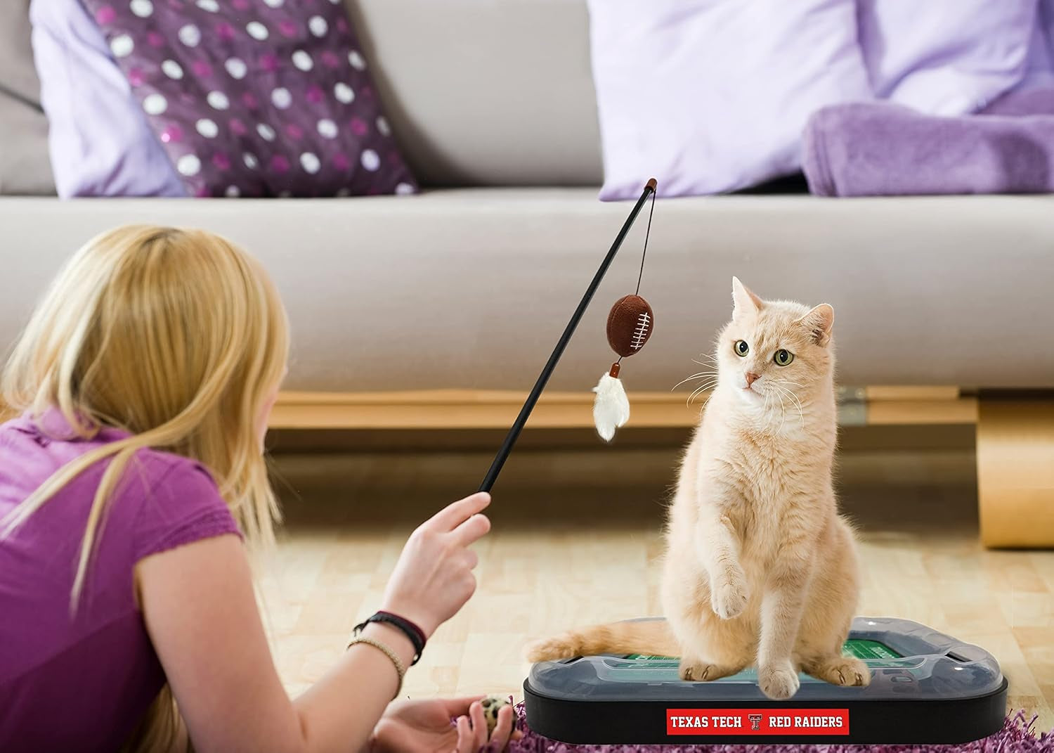 Cat Scratcher Toy + Interactive Cat Ball Bell in Tracks. 5-In-1 CAT TOY: Cat Wand Poll + CATNIP FILLED Plush Football & Feathers