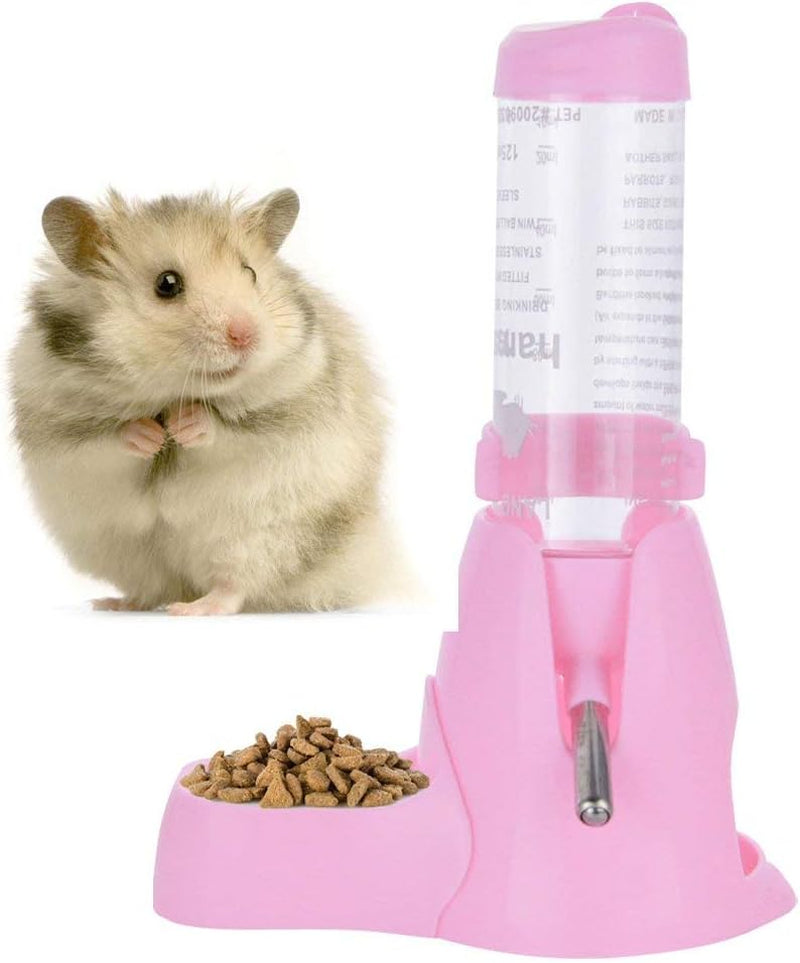 Hamster Water Bottle, Little Pet Automatic Drinking Bottle with Food Container Base Hut Hanging Water Feeding Bottles Auto Dispenser for Small Animals(125Ml,Pink)