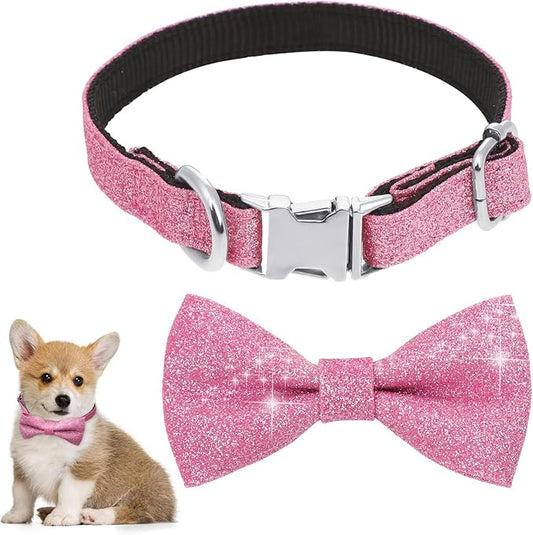 WLLHYF Dog Collar Pink Bling & Bowtie XS Fits 8-12" Neck NEW 5/8" Wide Sparkle