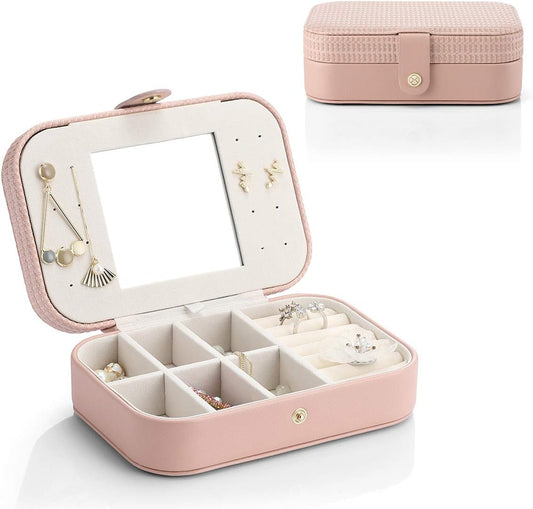 Travel Jewelry Case Box Women PU Leather 2 Layer Jewelry Organizer Holder for Necklace Earring Rings-Weaving Pink