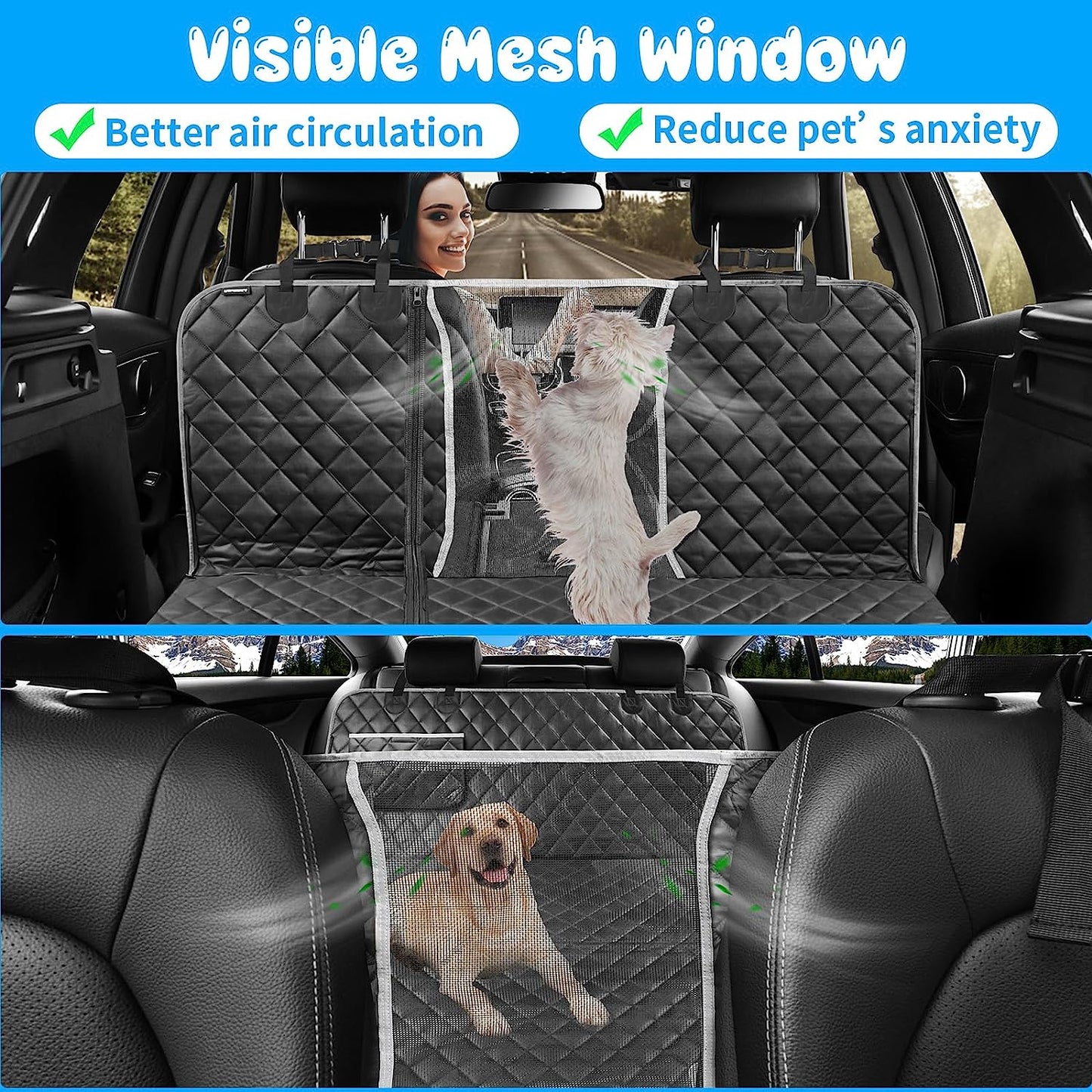 6-In-1 Dog Car Seat Cover for Back Seat, Waterproof Dog Car Hammock 40/60 Split Dog Seat Cover with Mesh Window and Side Flap Pets Car Seat Protector Dog Backseat Cover for Cars, SUV, Truck