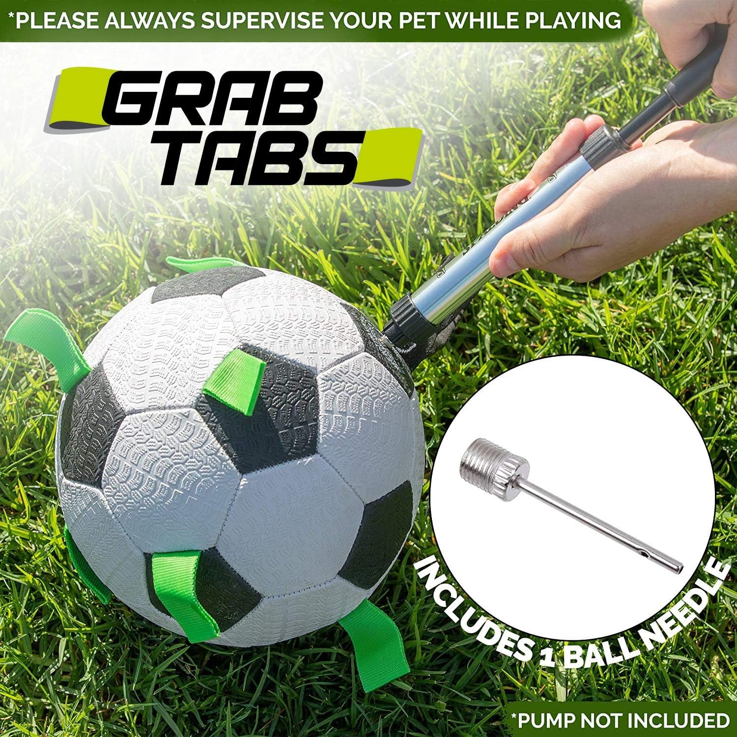 Grab Tabs Dog Soccer Ball with Straps (7.5") Indoor or Outdoor, Interactive Durable Fetch Dog Ball with Tug Toy for All Dog Breeds