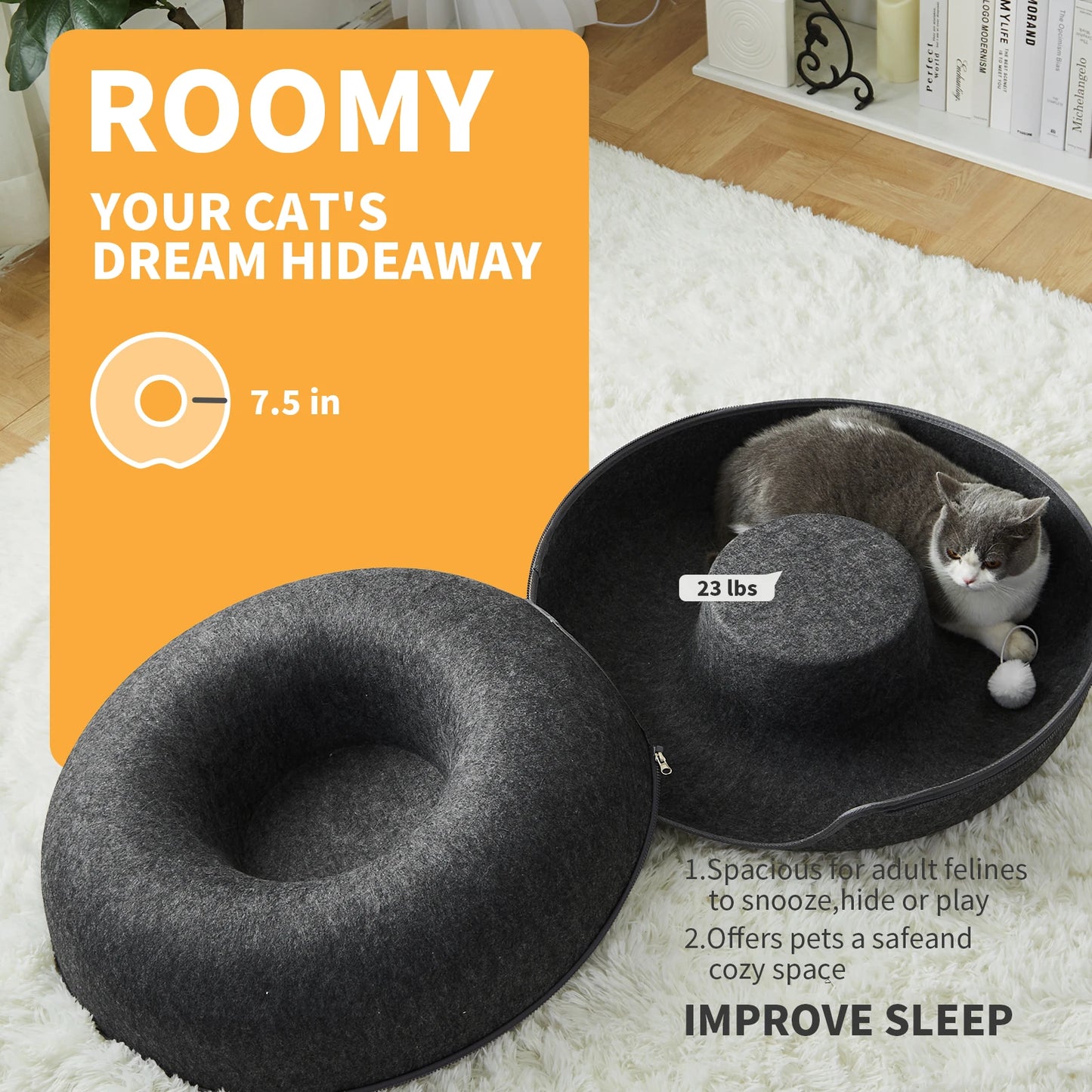 24 Inch Large Donut Cat Bed - Spacious Peekaboo Cat Cave for Multiple Cats up to 30 Lbs, Detachable and Washable Wool Felt Tunne