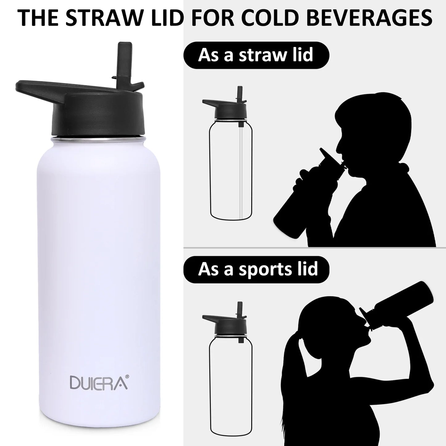 White Water Bottle 32 Oz Stainless Steel Water Bottle 1L Vacuum BPA Free Water Bottle with Straws & Leak Proof Spout Lids & Straw Brush