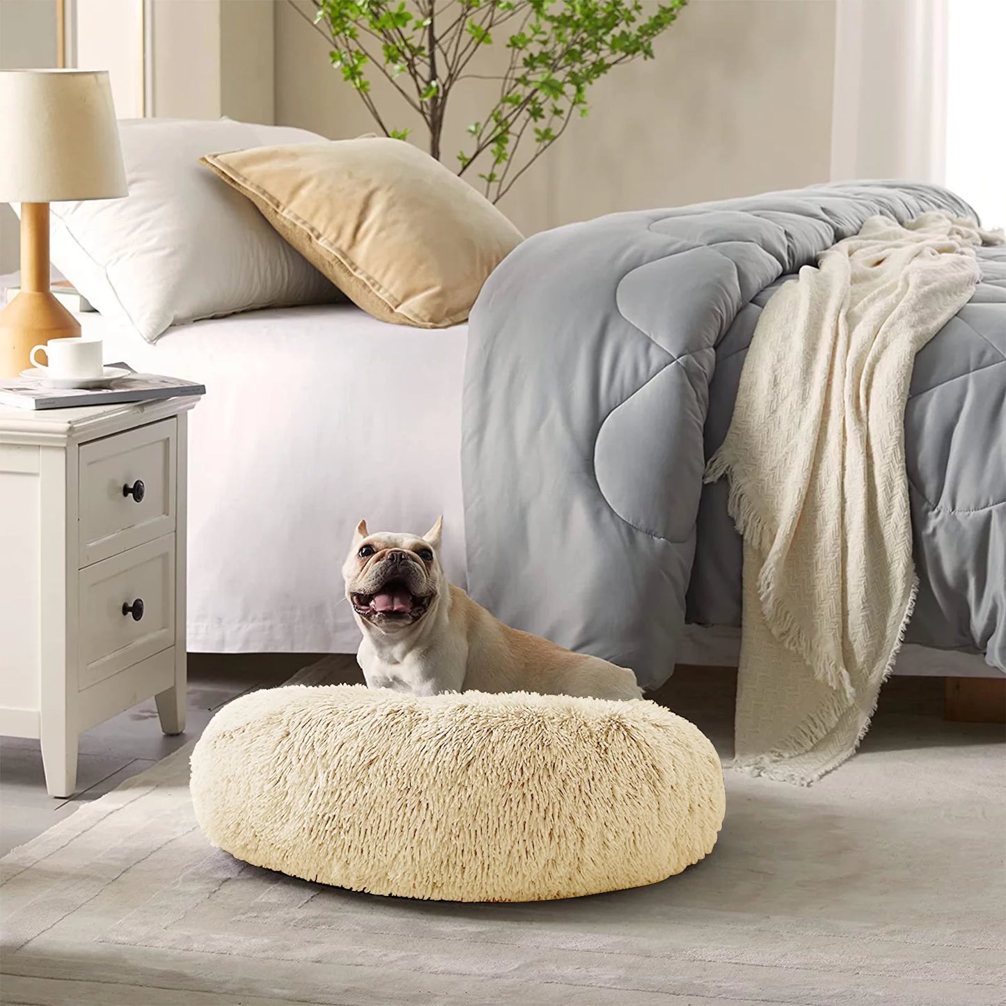 Calming Donut Dog Bed Anti-Anxiety, Self Warming, Cozy Soft Plush round Pet Bed, Ideal for Both Home & Travel, 20"L X 20"W X 8"H