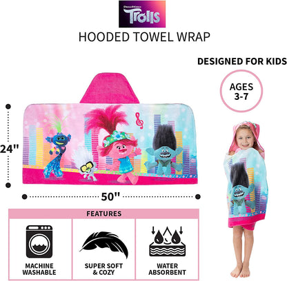 Trolls World Tour Bath/Pool/Beach Soft Cotton Terry Hooded Towel Wrap, 24" X 50", by  Kids