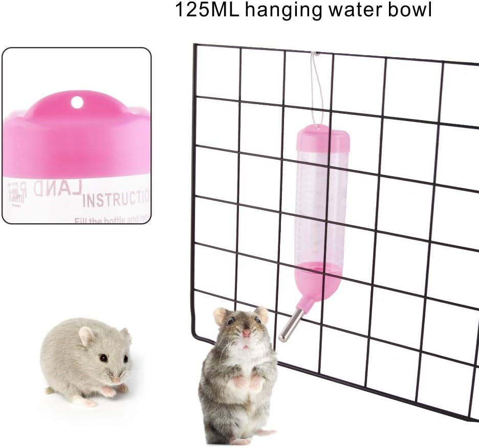 Hamster Water Bottle, Little Pet Automatic Drinking Bottle with Food Container Base Hut Hanging Water Feeding Bottles Auto Dispenser for Small Animals(125Ml,Pink)