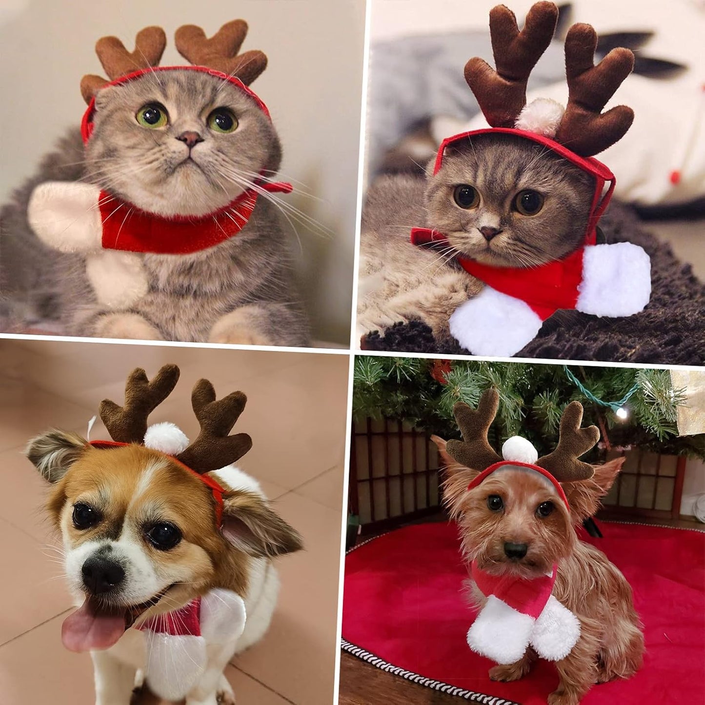 Pet Christmas Costumes for Cats Small Dogs, Cat Reindeer Antlers Headband with Xmas Scarf, Adjustable Doggie Reindeer Hat Santa Scarf, Kitten Christmas Outfit Cosplay