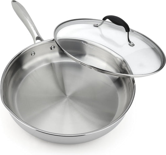 18/10 12 Inch Stainless Steel Frying Pan with Lid, Side Spouts, Induction Pan, Versatile Stainless Steel Skillet, Fry Pan in Our Pots and Pans (Tri-Ply Stainless Steel, 12 Inch)