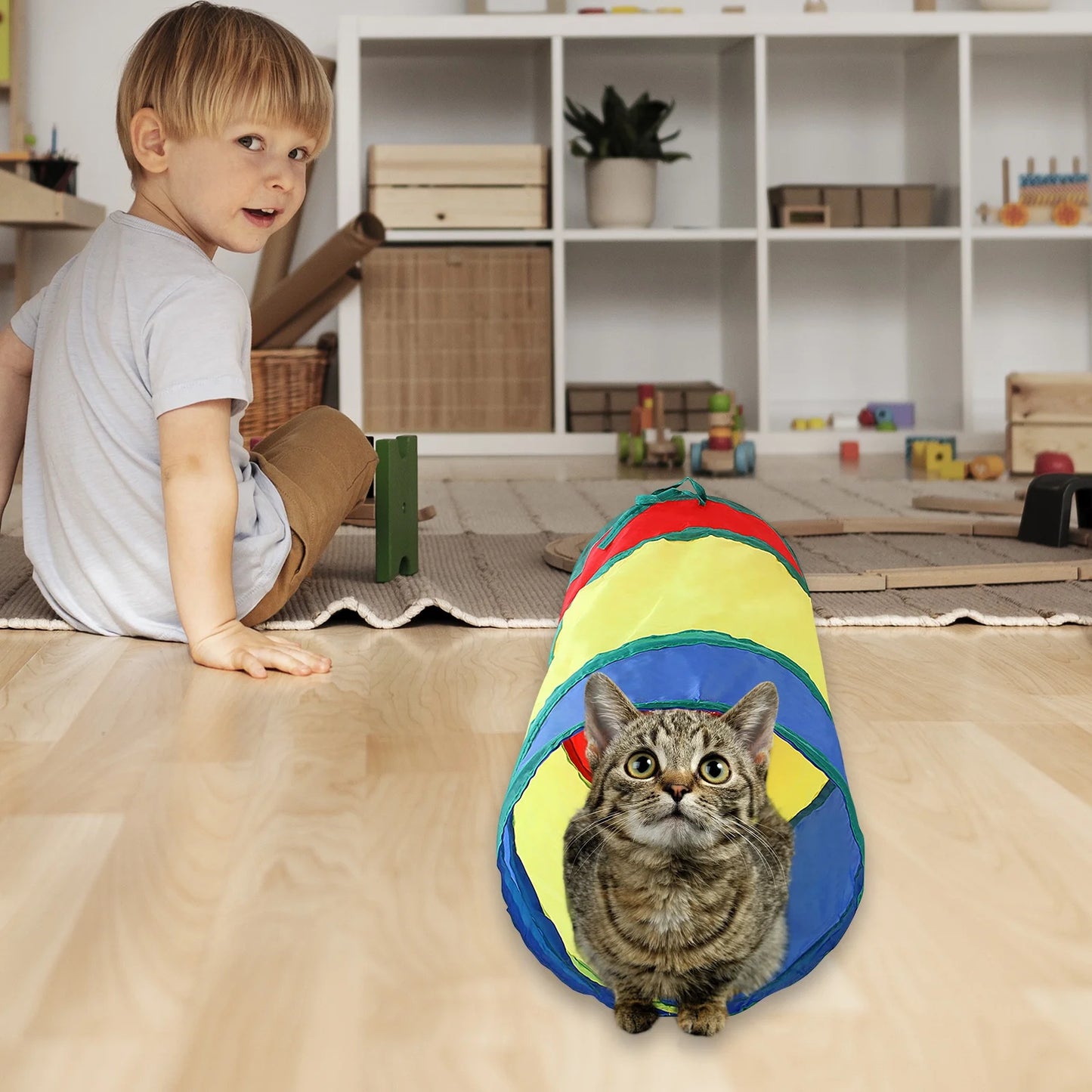 Interactive Rainbow Cat Toys,Collapsible Cat Tunnels with 2 Balls for Indoor Cats