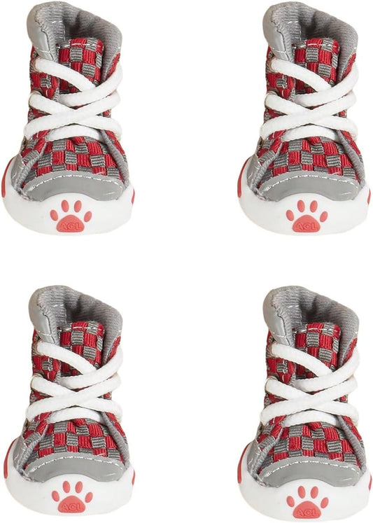 QWINEE 4Pcs Plaid Print Dog Boots Dog Shoes Small Dog Puppy Shoes Red Plaid Medium Anti-Slip Soft Shoes Dog Socks Paw Protector Rain Snow Hot Road Dog Boots